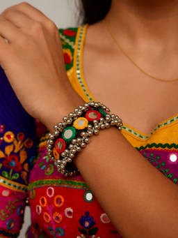 I Jewels - Traditional Multi-Color Mirror and Thread Work Cuff for Navratri