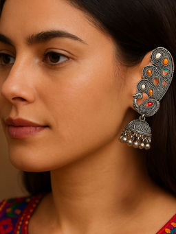 I Jewels - Multi-Color Stones Studded Jhumka Design Oxidised Ear Cuff