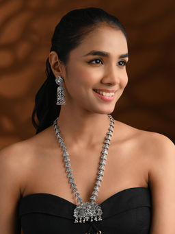 I Jewels - Silver Plated Designer Oxidised Necklace with Earrings