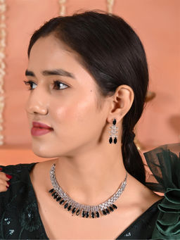 Ratnavali Jewels - Silver Plated Black White American Diamond CZ Necklace with Earrings