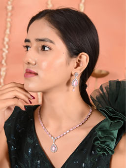 Ratnavali Jewels - Silver Plated Pink White American Diamond CZ Drop Necklace with Earrings