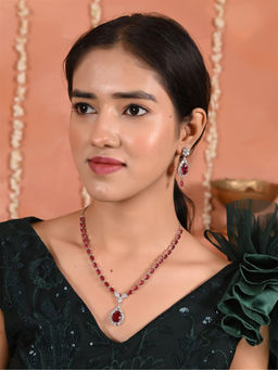 Ratnavali Jewels - Silver Plated Red White American Diamond CZ Drop Necklace with Earrings