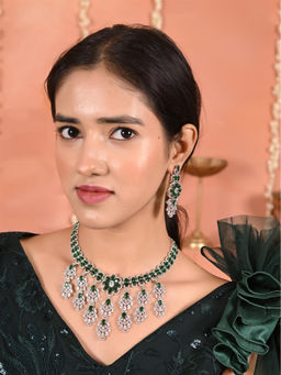 Ratnavali Jewels - Silver Plated Green White American Diamond CZ Necklace with Earrings