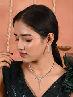Ratnavali Jewels - Gold Silver Plated White American Diamond CZ Necklace with Earrings
