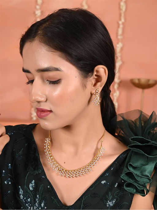 Ratnavali Jewels Gold Silver Plated White American Diamond CZ Necklace with Earrings