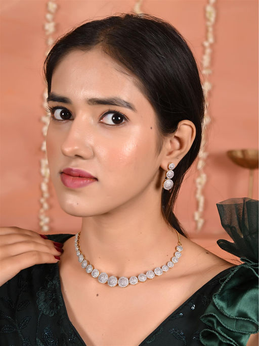 Ratnavali Jewels Gold Silver Plated White American Diamond Single Line Necklace with Earrings