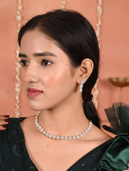 Ratnavali Jewels - Gold Silver Plated White American Diamond Pearl Single Line Necklace with Earrings