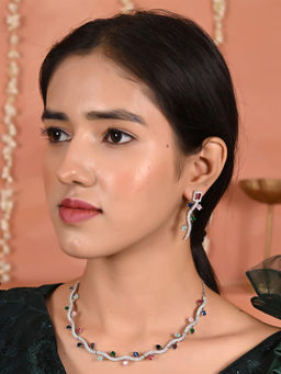 Ratnavali Jewels - Multi-Color Silver Plated Multi American Diamond CZ Floral Necklace with Earrings