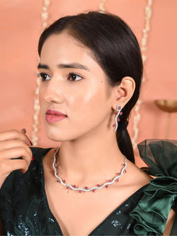 Ratnavali Jewels - Silver Plated Red American Diamond CZ Floral Necklace with Earrings