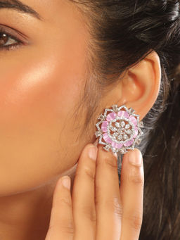 Nuyug - Rhodium Plated Rose Grace Pink Stud Earrings