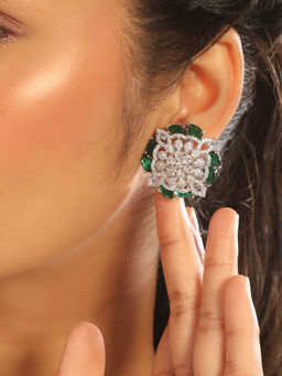Nuyug - Rhodium Plated Emerald Grace Green Stud Earrings