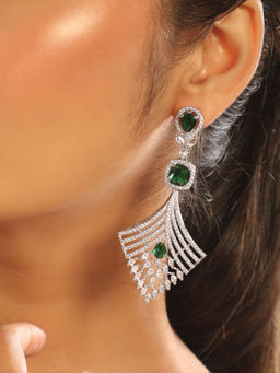 Nuyug - Green Rhodium Plated Royal Fern Dangler Earrings