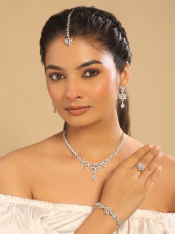 Nuyug - White Rhodium Plated Mint Charm Necklace with Earrings Maangtikka Ring & Bracelet