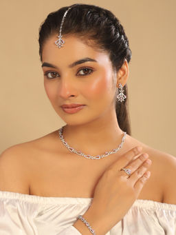 Nuyug - White Rhodium Plated Soft Bloom Necklace with Earrings Maangtikka Ring & Bracelet
