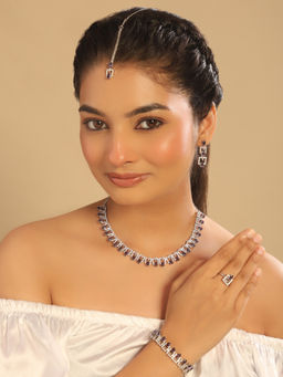 Nuyug - Rhodium Plated Purple Hues Necklace with Earrings Maangtikka Ring & Bracelet