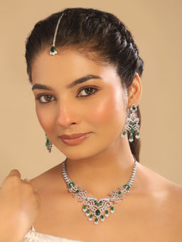 Nuyug - Rhodium Plated Imperial Sage Green Necklace with Earrings & Maangtikka