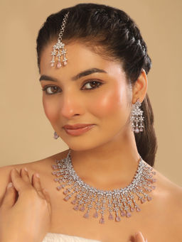 Nuyug - White Rhodium Plated Rose Blush Radiance Necklace with Earrings & Maangtikka