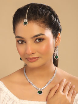Nuyug - Green Rhodium Plated Royal Ivy Necklace with Earrings & Maangtikka