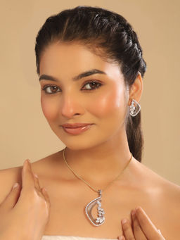 Nuyug - White American Diamond Floral Arc Necklace with Earrings