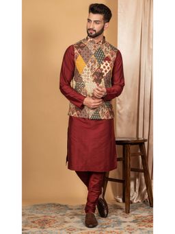 KISAH - Men Multi Coloured Printed Cotton Blend Kurta Jacket Churidar Set with Abstract Print