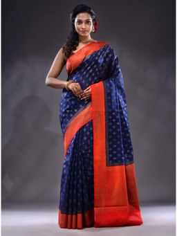 CHARUKRITI - Midnight Blue Dupion Silk Handwoven Saree With Unstitched Blouse