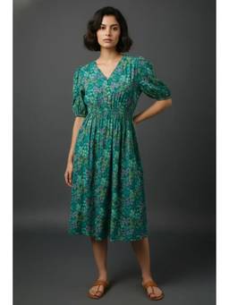 June 9 Clothing - Dark Green Floral Print V-Neck Short Sleeve Flared Midi Dress