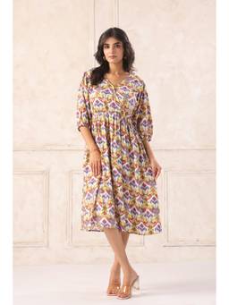 June 9 Clothing - Off White Ikat Print V-Neck Short Sleeve Flared Midi Dress