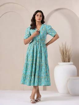 June 9 Clothing - Turquoise Blue Floral Print V-Neck Puff Sleeve Fit And Flare Midi Dress