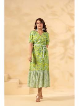 June 9 Clothing - Lime Green Bohemian Print Round Neck Puff Sleeve A-Line Maxi Dress With Belt