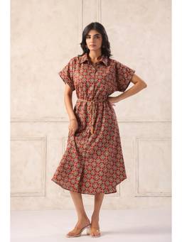 June 9 Clothing - Ajrakh Red Printed Shirt Collar Short Sleeve Fit And Flare Midi Dress