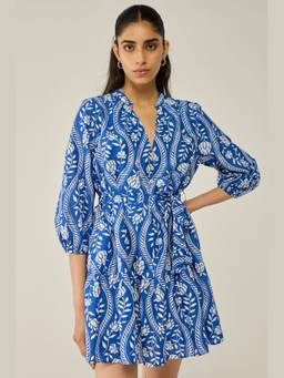 Move About Effortlessly - Blue Printed Wrap-Style Mini Dress