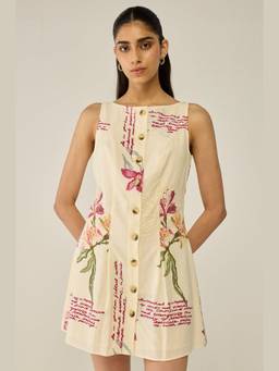 Move About Effortlessly - Cream Printed Sleeveless A-Line Mini Dress