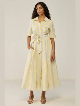 Move About Effortlessly - Multi Colour Striped A Tie At The Waist Shirt Dress
