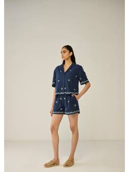 Move About Effortlessly - Navy Blue Embroidered Short Sets