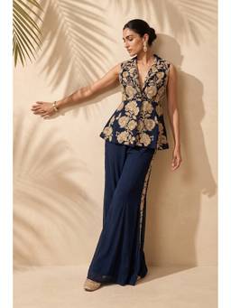ANEESH AGARWAAL - Navy Blue Embroidered Peplum Top With Sharara