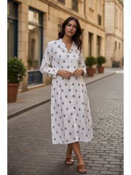 Meeta's - White Floral Silk Linen Blend Dress