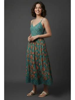 June 9 Clothing - Turquoise Floral Print V-Neck Strappy Fit And Flare Midi Dress