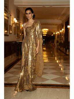 dash and dot - Gold Sequin Embroidered Sari Drape Gown Dress
