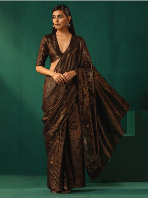 Tan-Brown Bodysuit & Dual Striped Saree Set (2 PCS)