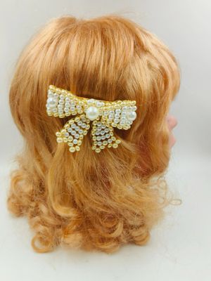 CHOKO Double Organza Bow Hairclip - Glass Crystal Bead Embellishments - Peach, OffWhite main image 1