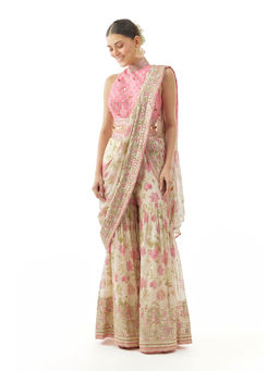 Gopi Vaid - Pakhi Sharara Saree with Stitched Blouse- Ivory