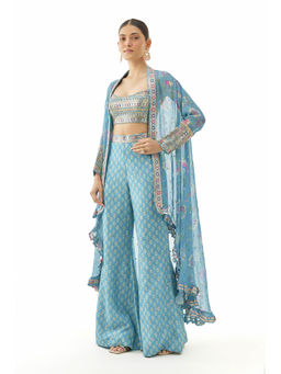 Gopi Vaid - Gunjan Pant with Blouse and Shrug - Blue