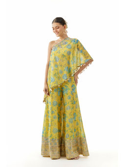 Gopi Vaid - Vanshita One-Shoulder Top with Sharara - Yellow (Set of 2)