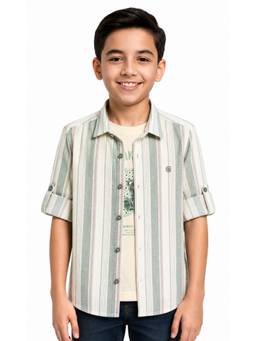 CAVIO - Green Stripes Cotton Regular Shirt with T-Shirt