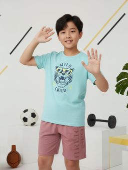 HELLCAT - Blue Printed Cotton Blend Regular T-Shirt and Shorts