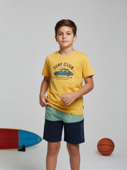 HELLCAT - Yellow Printed Cotton Blend Regular T-Shirt and Shorts