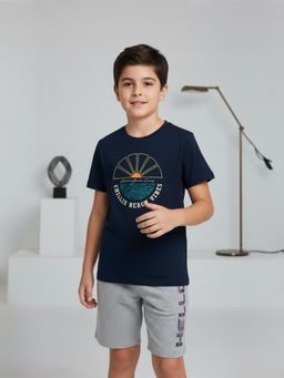 HELLCAT - Navy Blue Printed Cotton Blend Regular T-Shirt and Shorts