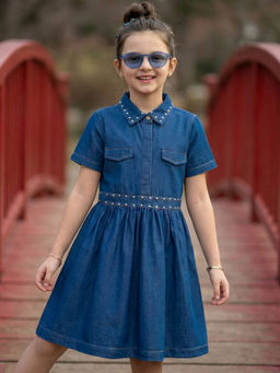 Arias by LARA DUTTA - Blue Solid Cotton A-Line Dress