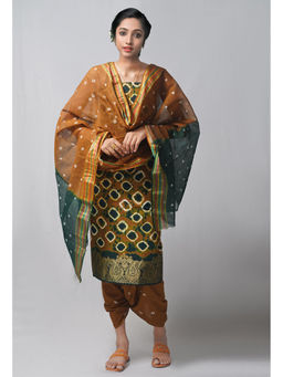 Unnati Silks - Unstitched Ochre Dark Green Pure Bandhani Cotton Salwar Kameez (Set of 3)