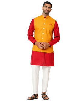 Indivisual - Men's Jacquard Mustard Yellow Nehru Jacket